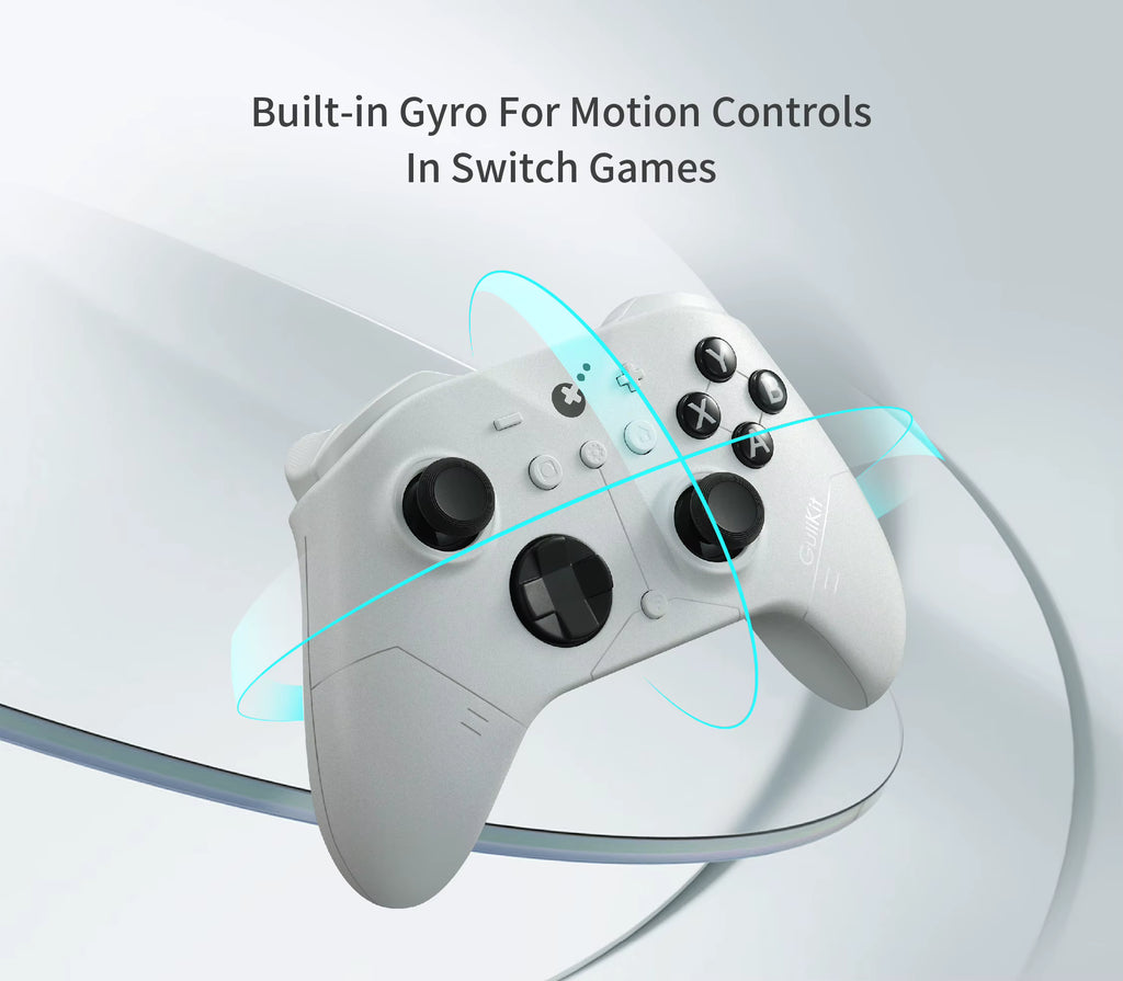 GuliKit ES Pro wireless gamepad in white featuring built-in gyro for motion controls in Nintendo Switch games