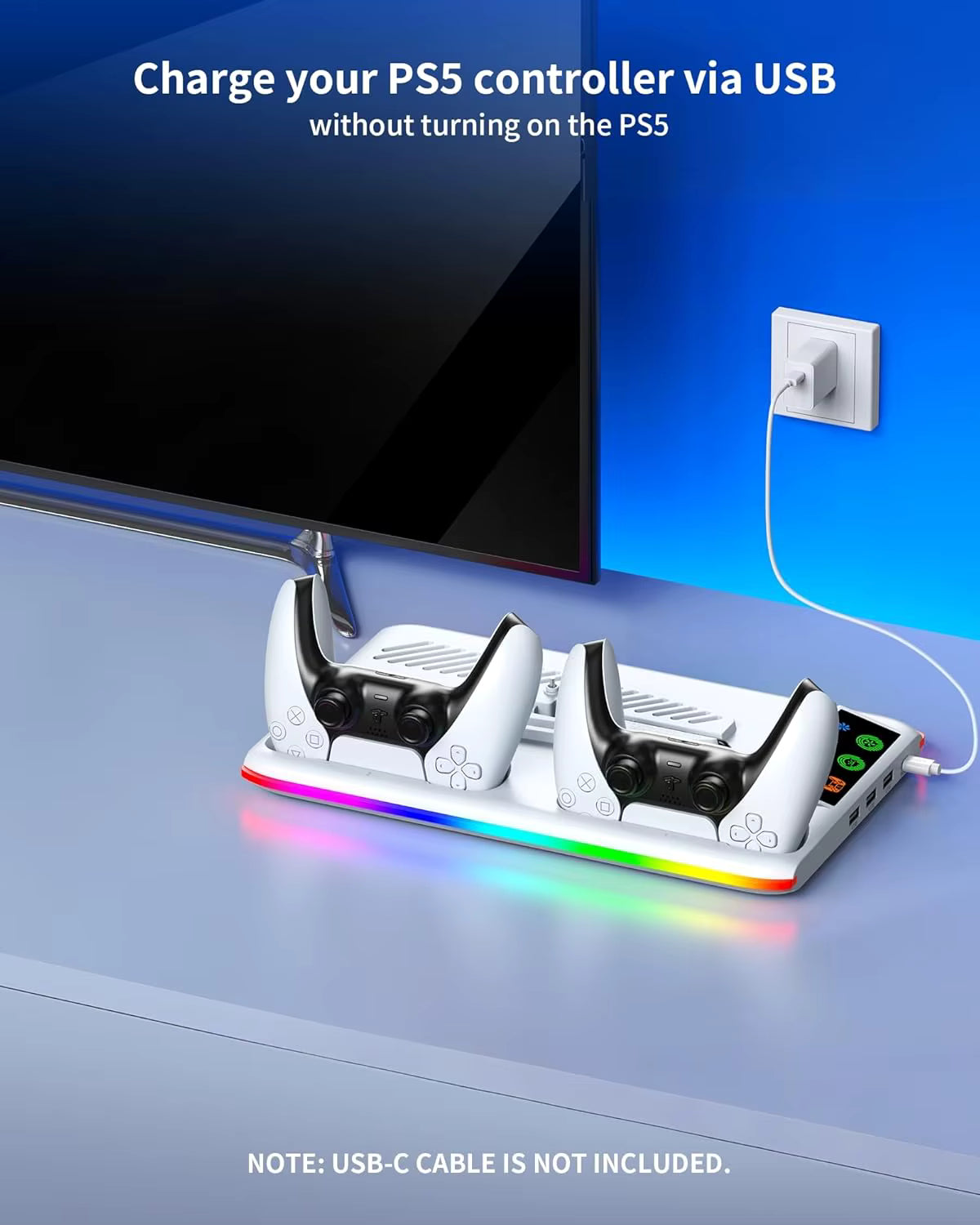 PS5 dual controller charging dock powered via external USB cable connection