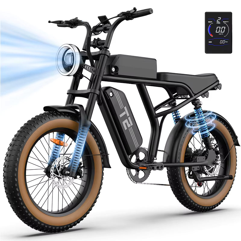 Black URLIFE T2 electric bike with brown tires on a white background