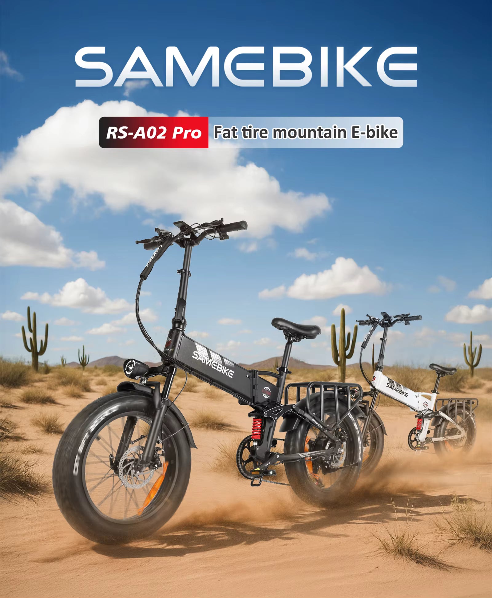 Black Samebike RS-A02 Pro fat tire mountain E-bike with a white Samebike RS‑A02 PRO in the background in a desert setting with cacti.