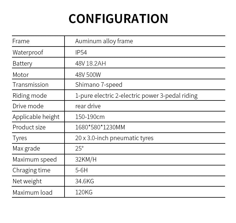 Configuration table of an AVAKA BZ20 PLUS Foldable E‑bike  product with various specifications.