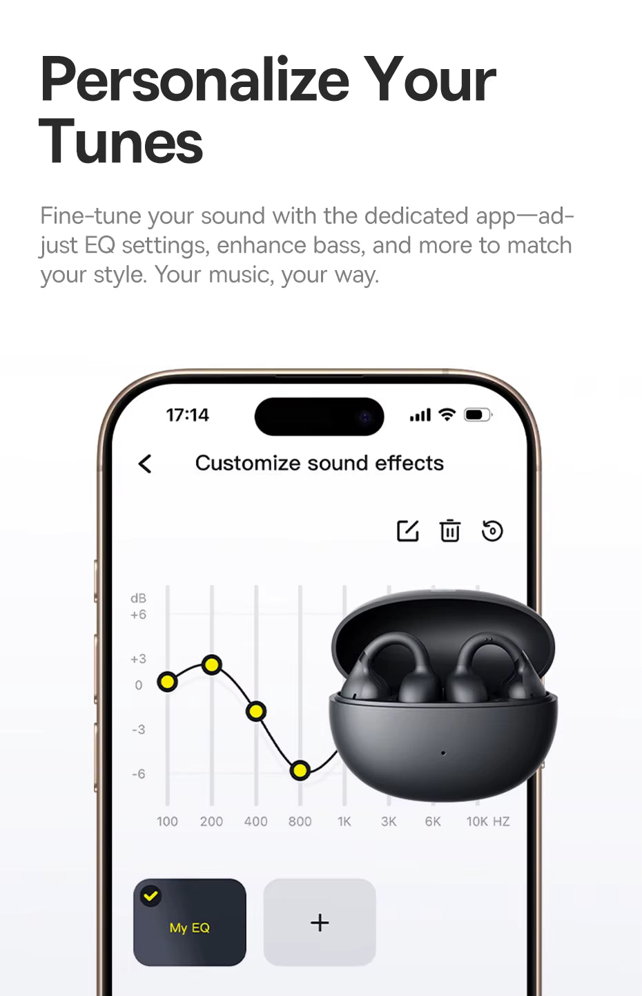 Smartphone displaying sound customization app with wireless earbuds on a white background