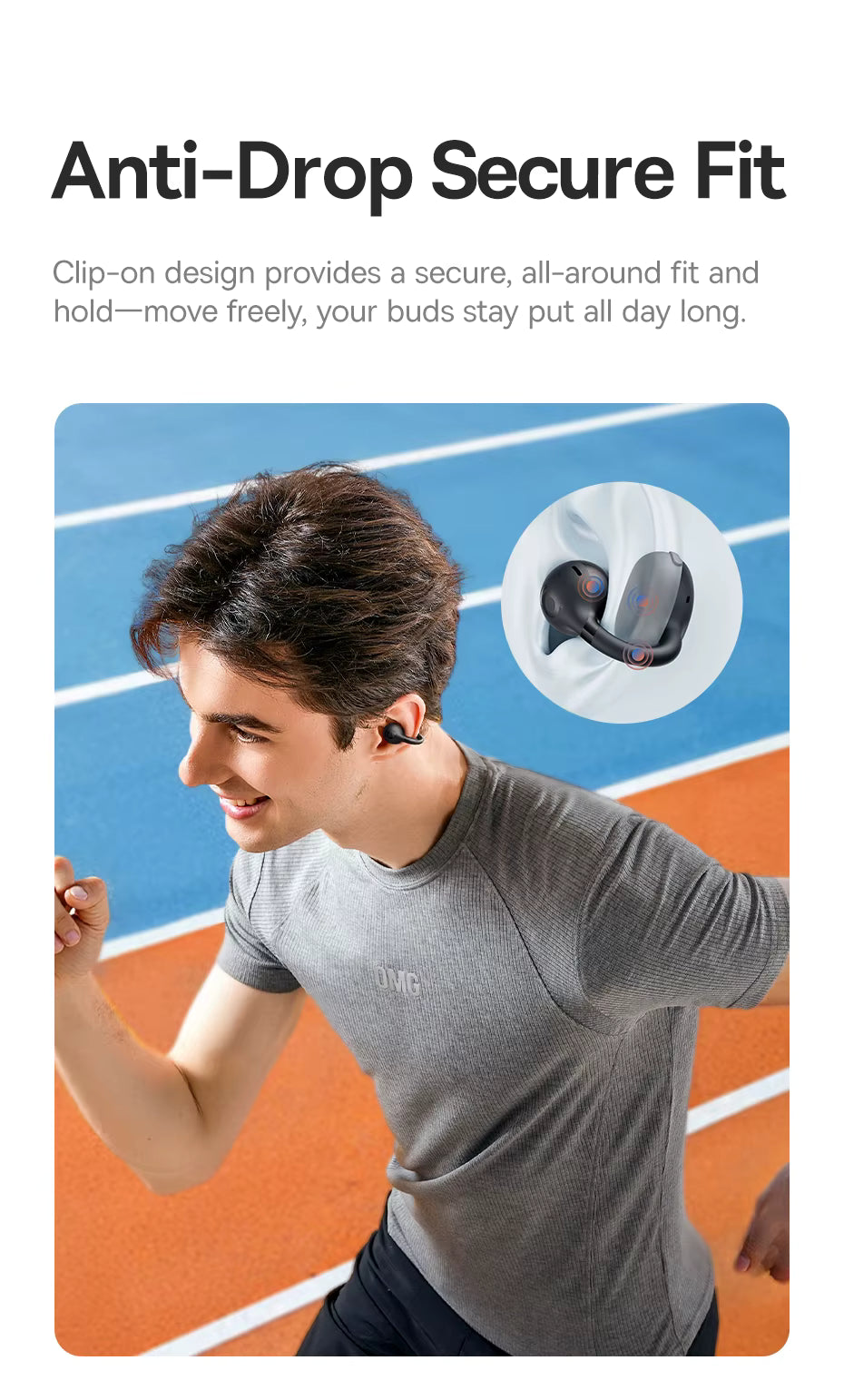 Person running on a track with wireless earbuds, emphasizing 'Anti-Drop Secure Fit' feature.