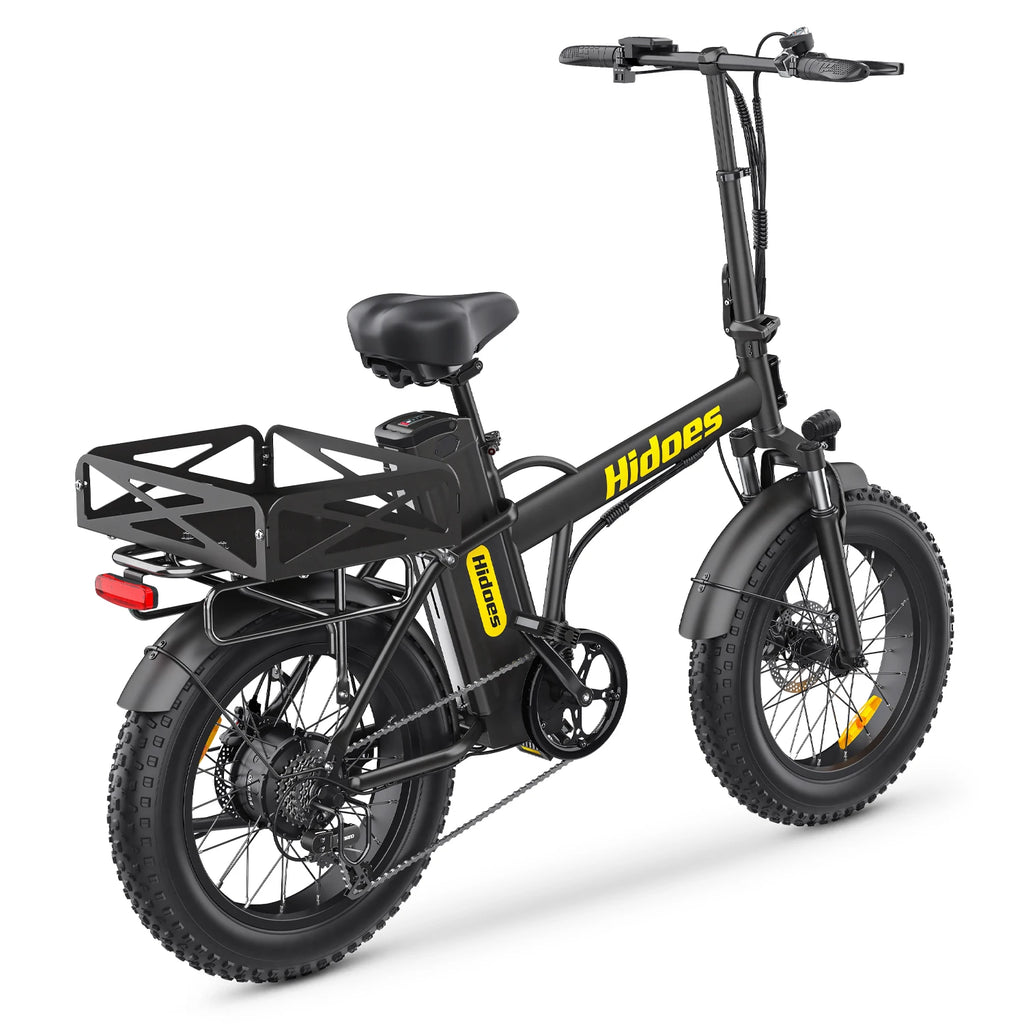 Black electric Hidoes HD-F3PRO e-bike with a yellow brand logo on a white background