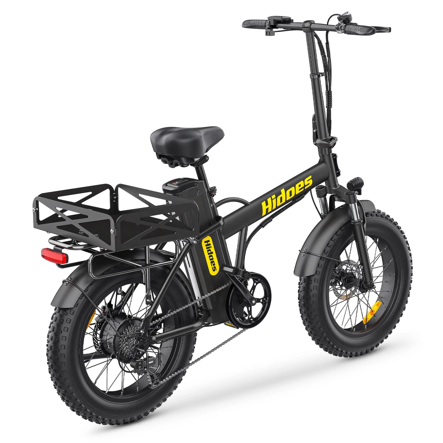 Black electric Hidoes HD-F3PRO e-bike with a yellow brand logo on a white background