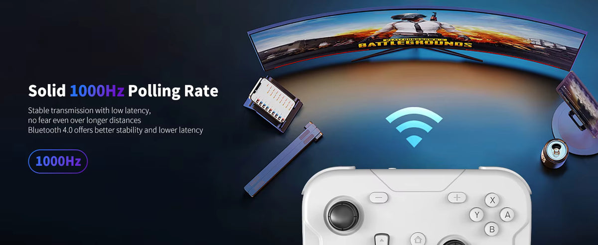 ACEGAMER Pocket Controller with white finish shown beneath a curved gaming monitor displaying Battlegrounds gameplay. Promotional graphic highlights solid 1000 Hz polling rate with Bluetooth 4.0 for stable, low‑latency wireless performance. Blue wireless signal icon and tech accessories emphasize fast transmission and responsive control.