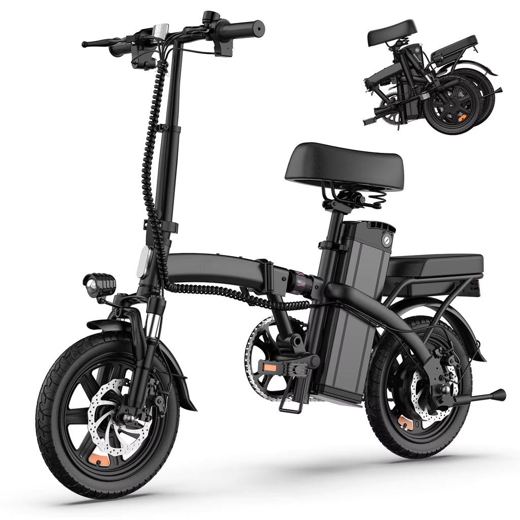 Black electric bike with an insert photo showing the e-bike folded. Images are on a white background