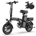 Black electric bike with an insert photo showing the e-bike folded. Images are on a white background