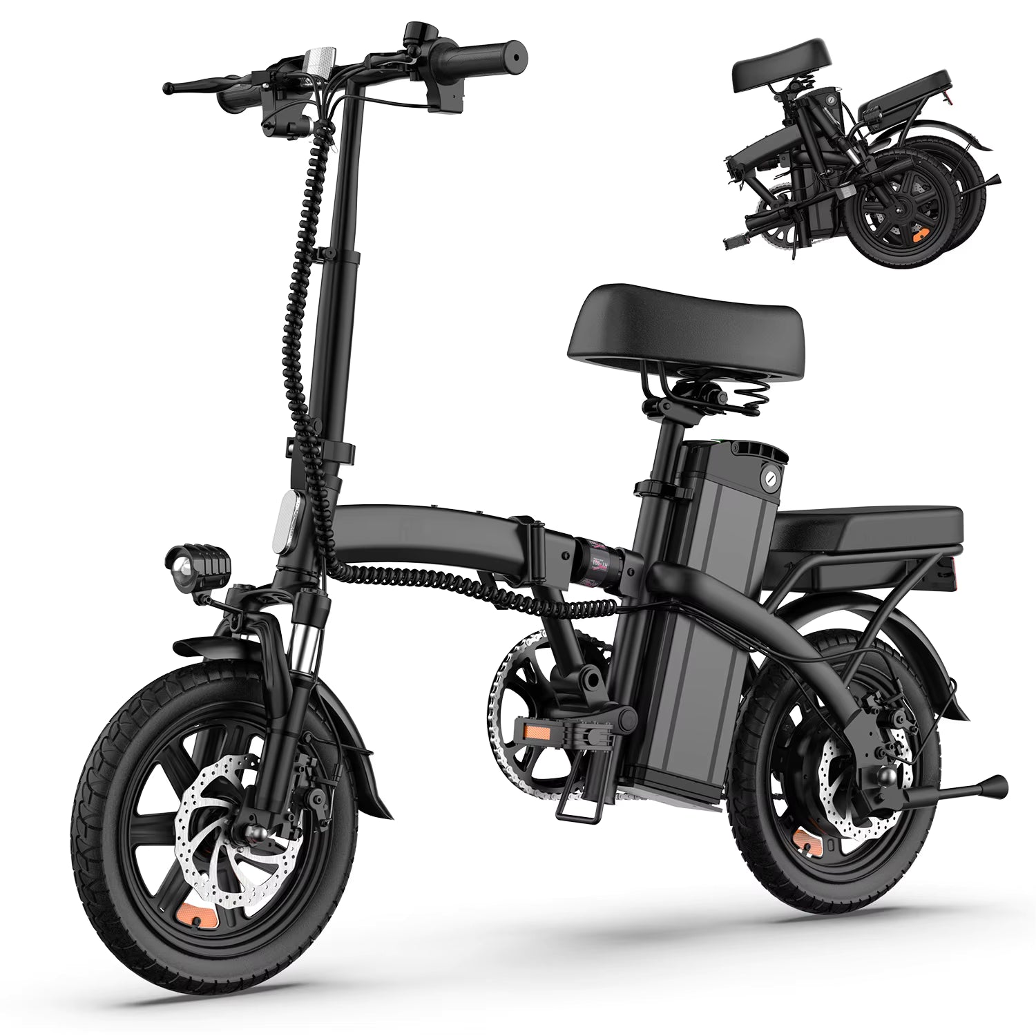 Black electric bike with an insert photo showing the e-bike folded. Images are on a white background
