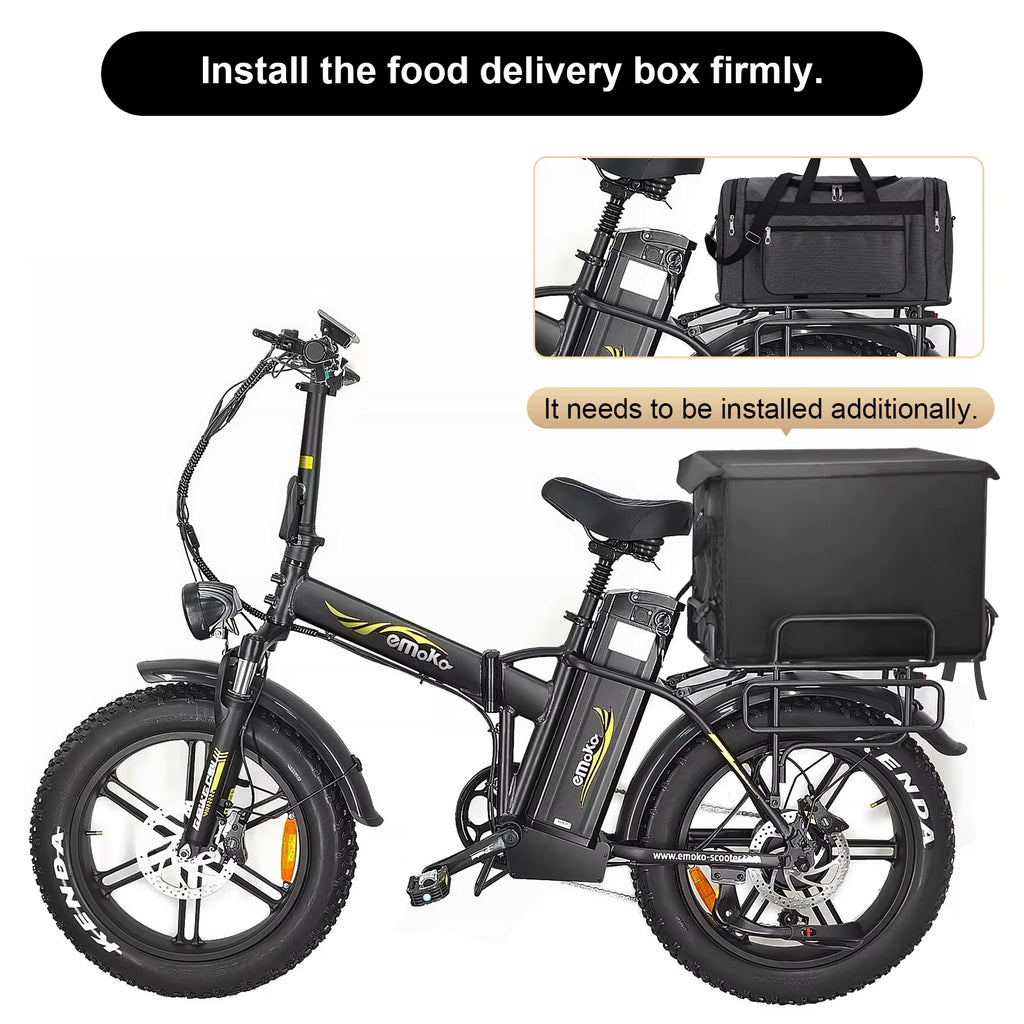 EMOCO 1000W Electric bike with a food delivery box attachment, showing installation instructions.