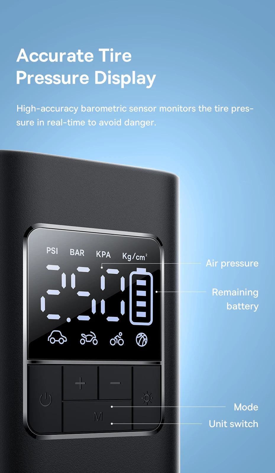 Tire pressure monitor with digital display on a blue background