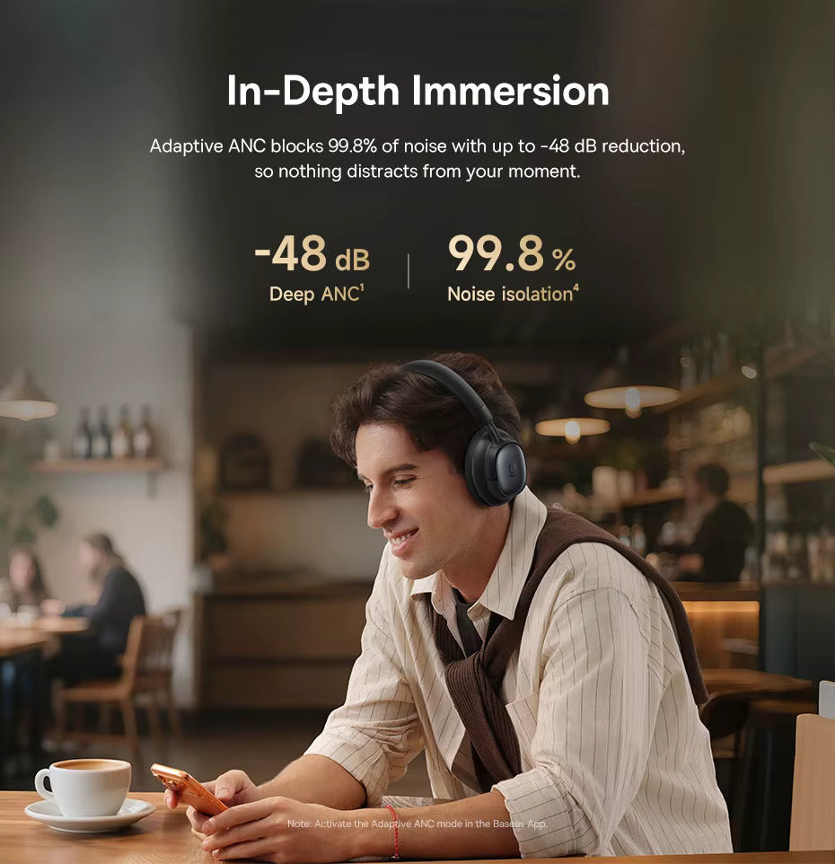 Man sitting in a café wearing Baseus Bowie MH1 over‑ear headphones and holding a smartphone, with warm ambient lighting and text highlighting “In‑Depth Immersion,” “Adaptive ANC blocks 99.8% of noise,” and “‑48 dB Deep ANC | 99.8% Noise isolation,” representing advanced active noise cancellation technology for focused listening.