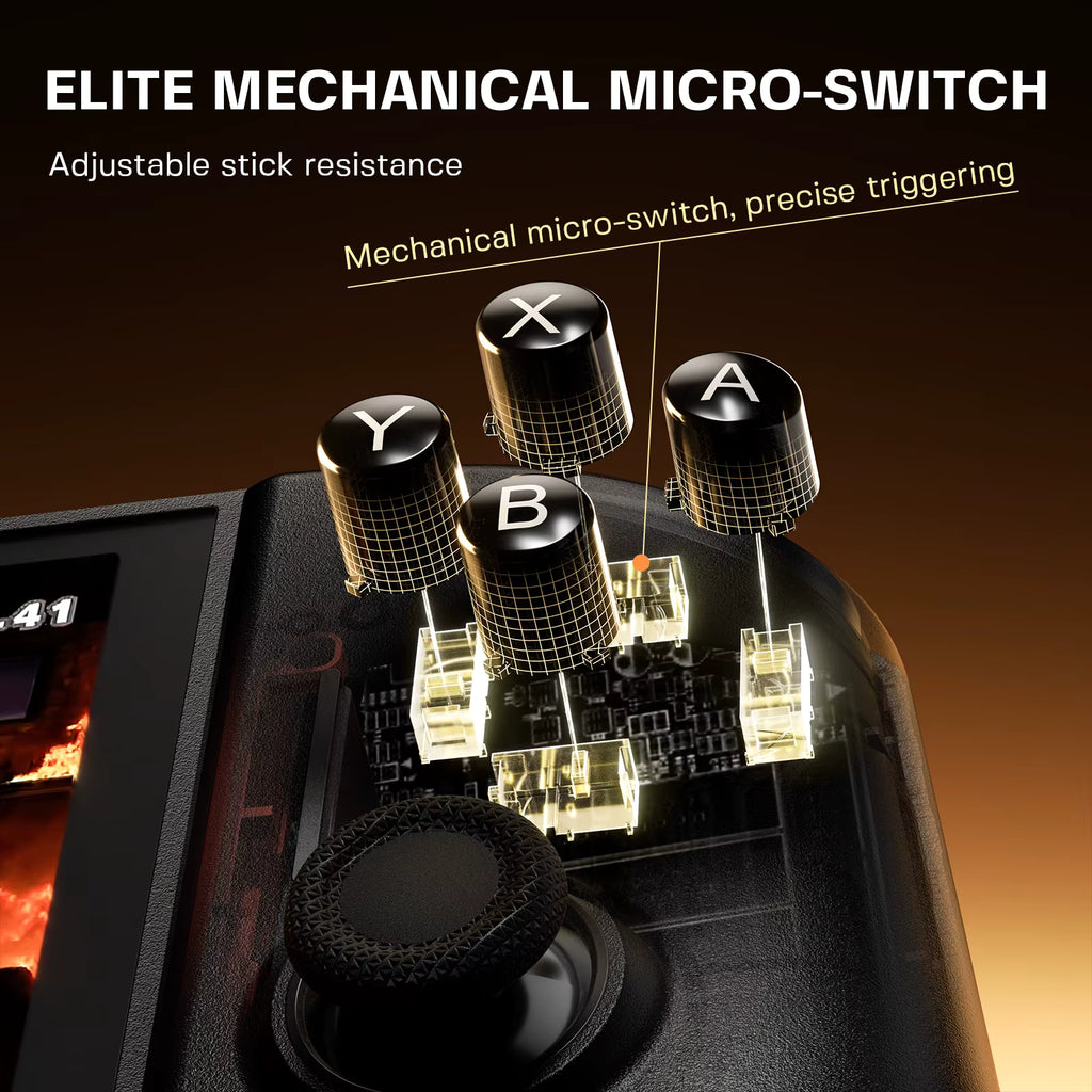Close-up of a black mechanical controller showing four labeled micro-switches (X, Y, A, B) and a joystick, with marketing text reading 'ELITE MECHANICAL MICRO-SWITCH' and 'Adjustable stick resistance'.