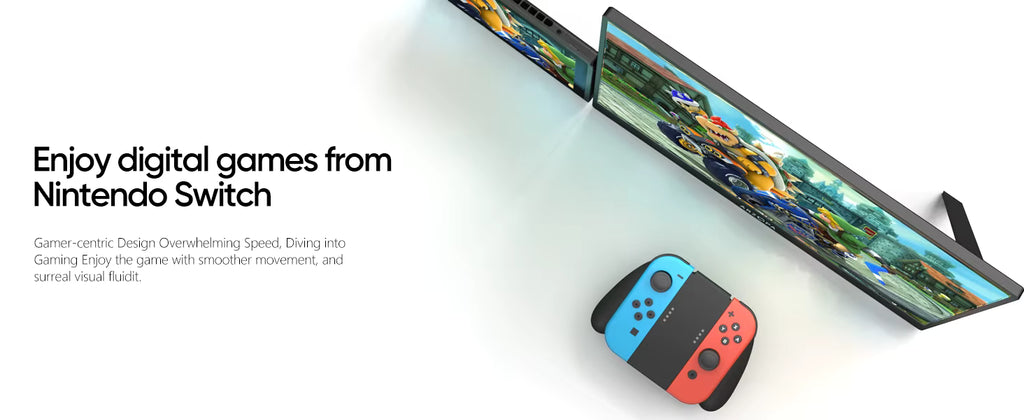 Nintendo Switch console with controller on a white background, displaying digital games and showing a computer monitor
