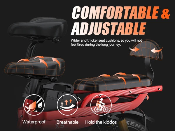 TESWAY X5 AWD e-bike seat with comfort features highlighted on a dark background