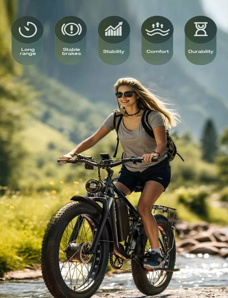 Woman riding an electric E‑BYCCO EB7Pro bike in a mountainous area with icons and text about bike features.