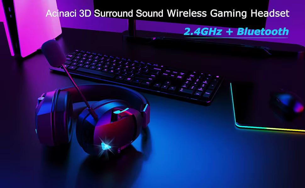 Product display shot of the headset resting on a gaming desk with ambient blue and purple lighting