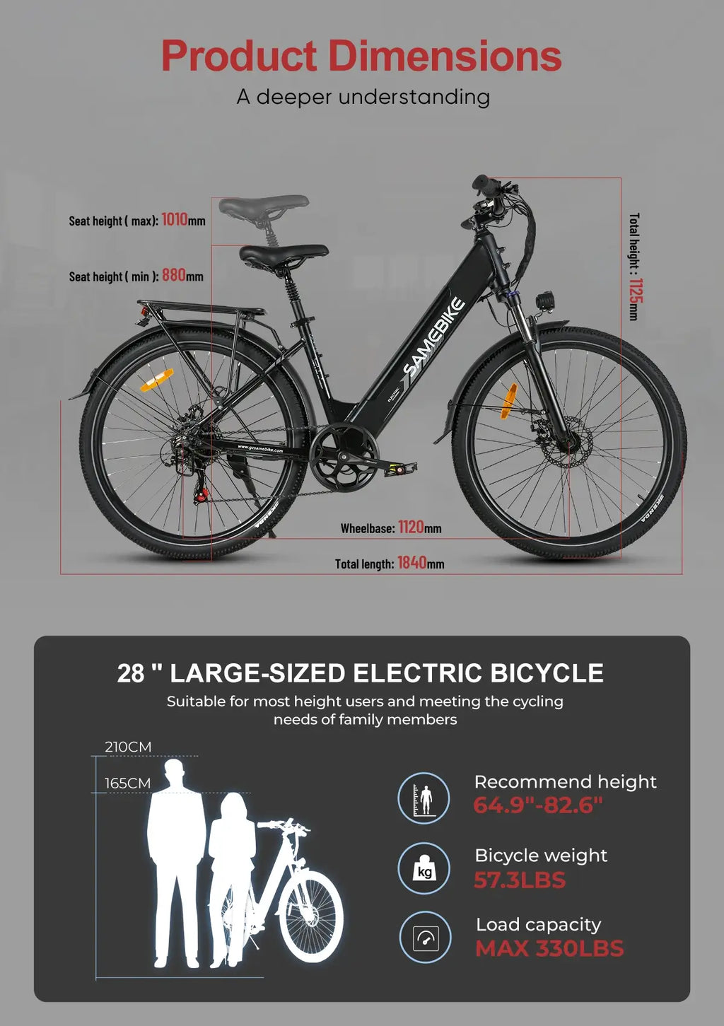 SAMEBIKE RS‑A01 PRO‑T 28-inch large-sized electric bicycle with dimensions and specifications on a gray background