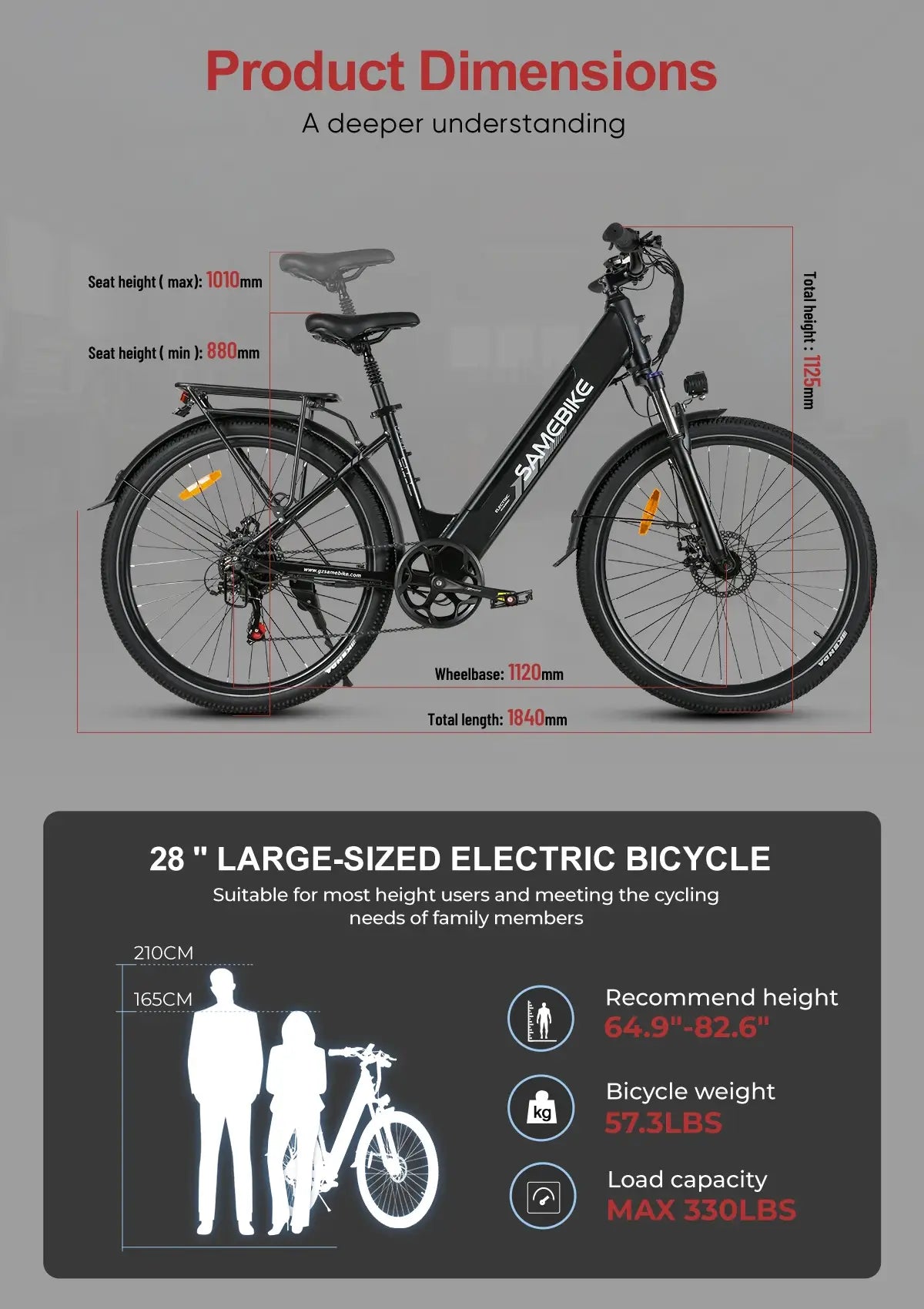 SAMEBIKE RS‑A01 PRO‑T 28-inch large-sized electric bicycle with dimensions and specifications on a gray background