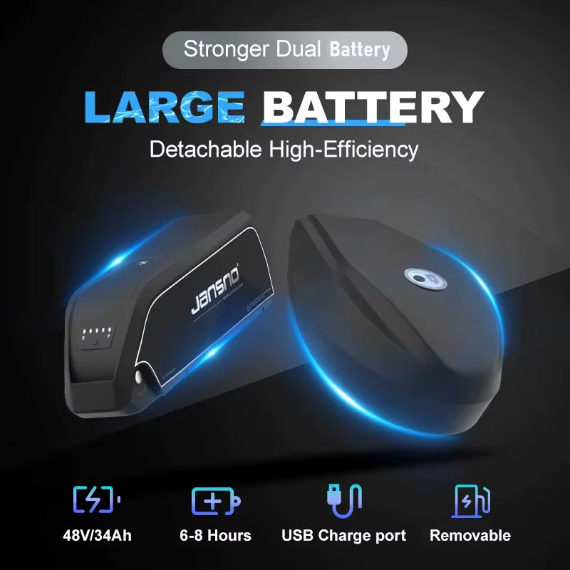 JANSNO X70 e-bike battery with features highlighted on a dark background