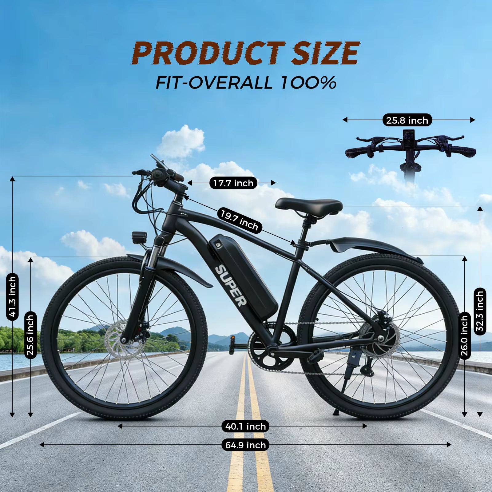 Electric bike with dimensions labeled against a scenic background