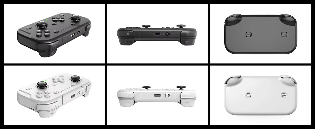 ACEGAMER Pocket Controller shown in black and white variants across six panels. Each row displays front, side, and rear views highlighting analog sticks, ABXY buttons, shoulder triggers, USB‑C port, and rear programmable buttons. Clean product showcase emphasizing ergonomic design and dual‑color options.