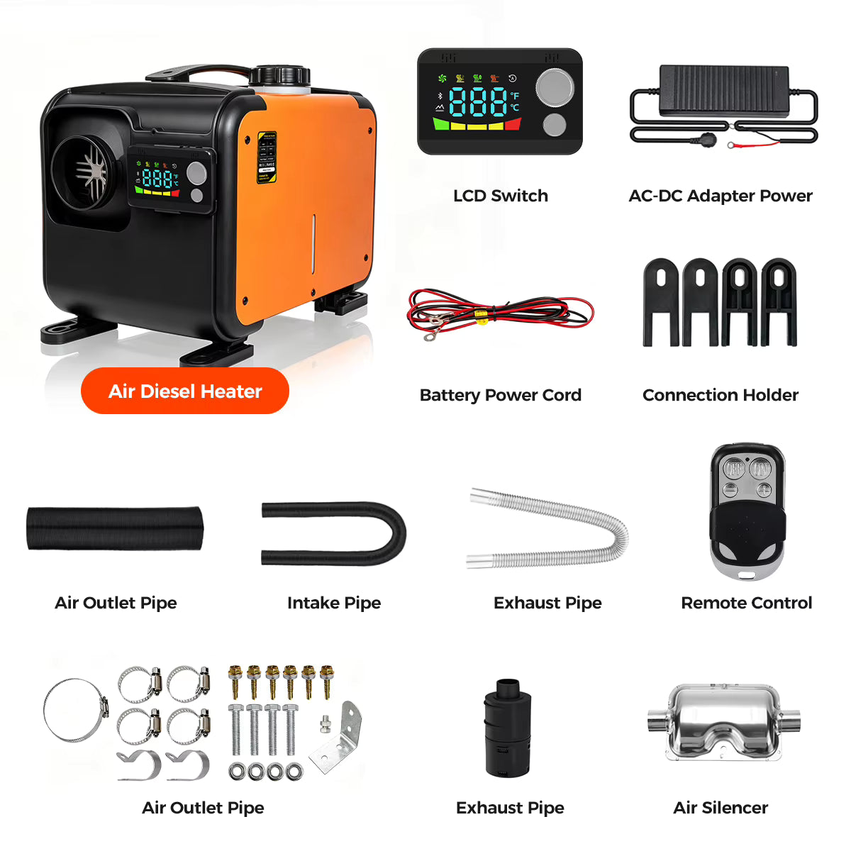 Sunster 8KW Portable Diesel Air Heater complete package contents and parts flat lay diagram