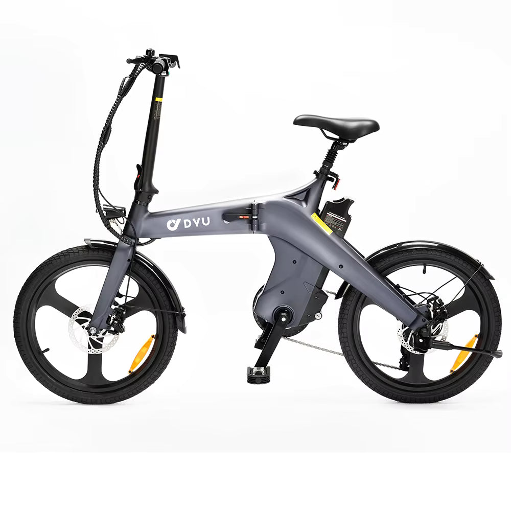 Gray folding electric bike with 'DYU' branding on a white background