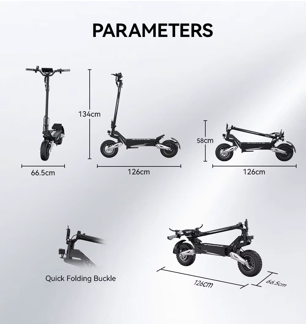 Measurement chart of an e-scooter with dimensions labeled on a white background