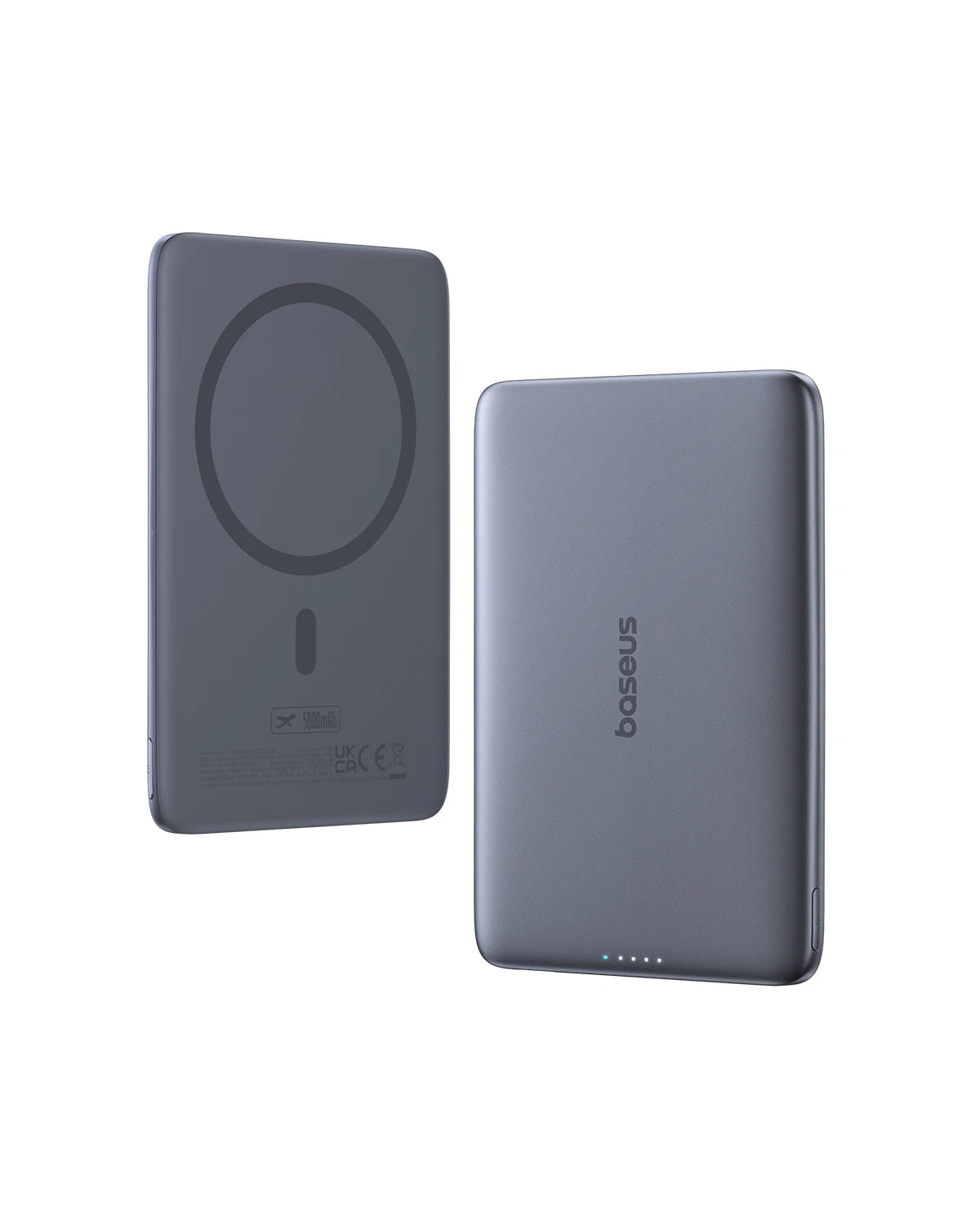 Baseus Thin Magnetic Wireless Power Bank 20W 5000mAh in Gray showing front magnetic charging ring and smooth rear finish with LED power indicators.