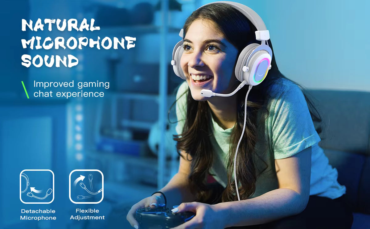 Lifestyle photograph of a user wearing the white gaming headset while playing games with a controller