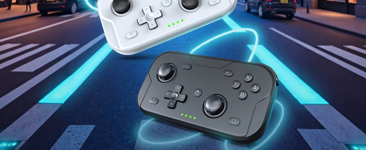 Two wireless game controllers, one white and one black, floating over a stylized city street background with glowing blue lines.