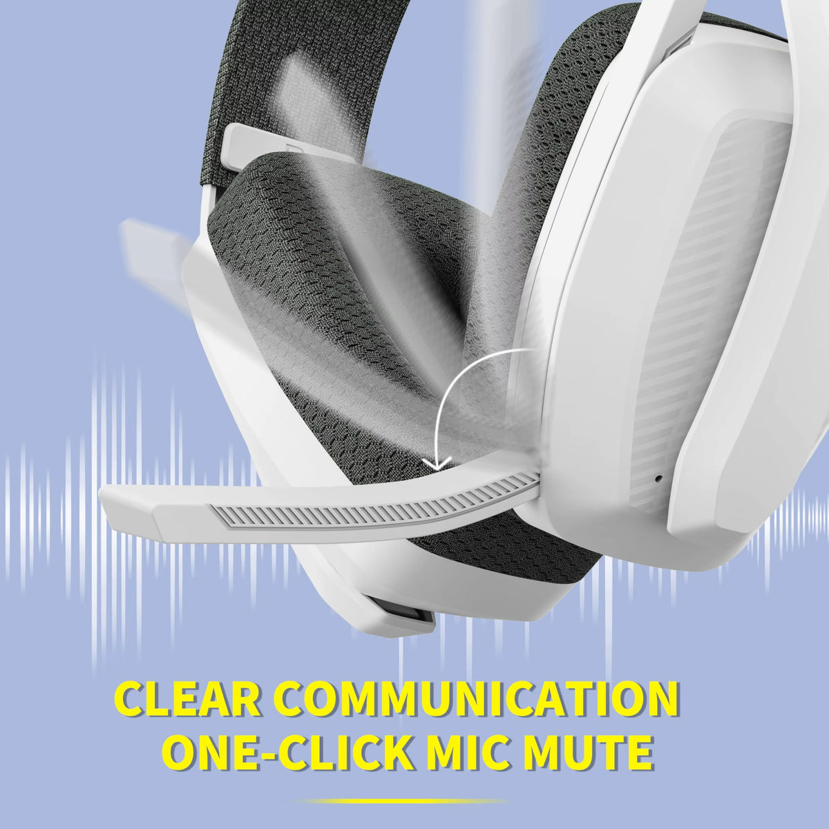 Promotional graphic highlighting the rotating microphone boom arm and one-click mute function