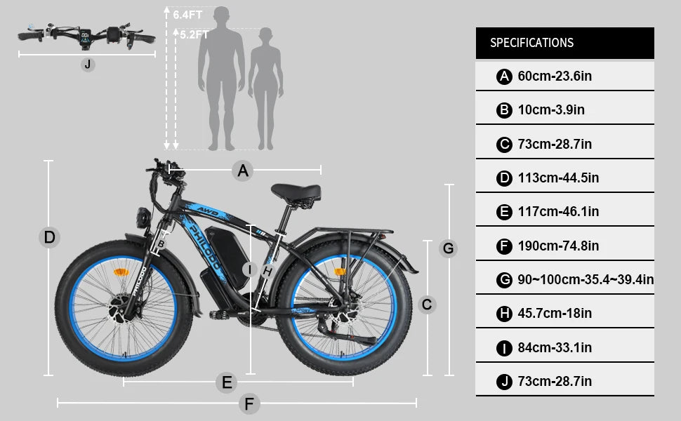 Electric bike with dimensions and specifications on a gray background