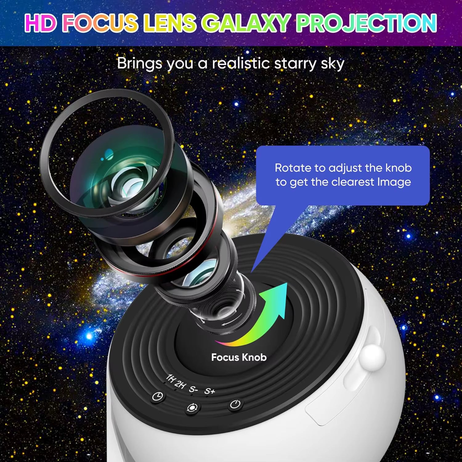 Star filter with focus knob against a galaxy projection background