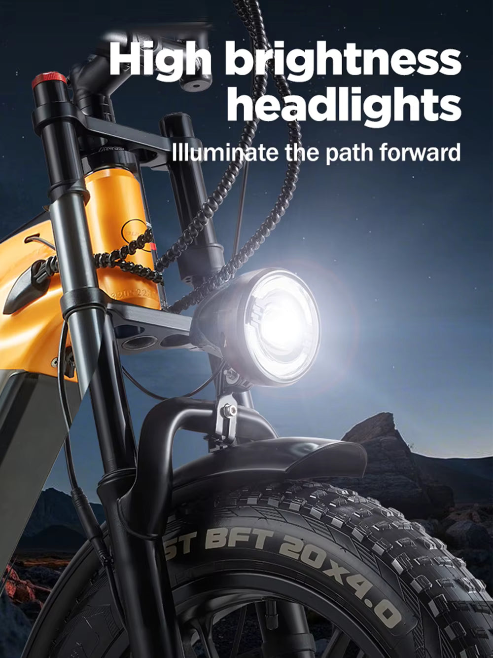 RANDRIDE YX80 Electric Bicycle with high brightness headlights on a dark background