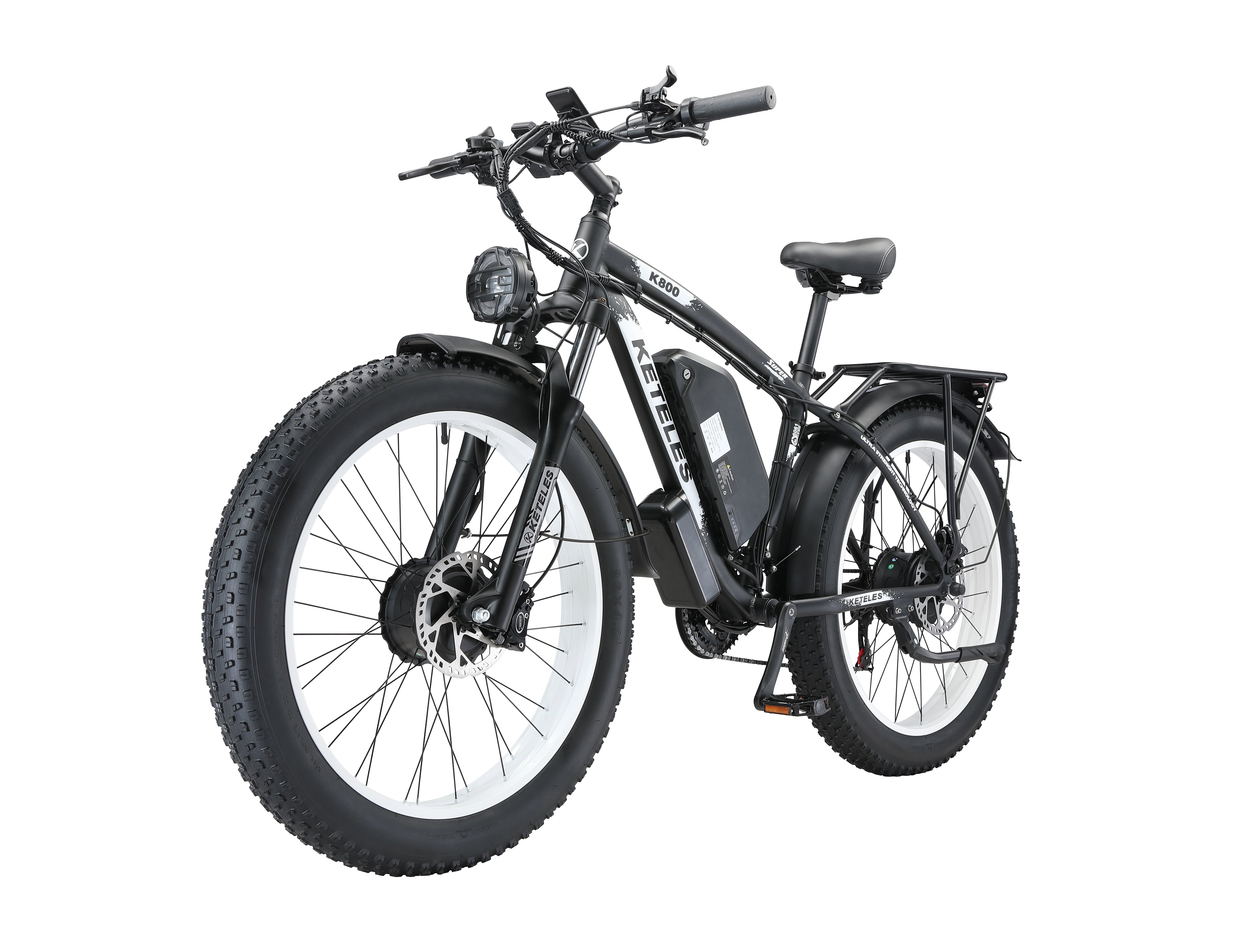 Black electric bike with white wheels on a white background