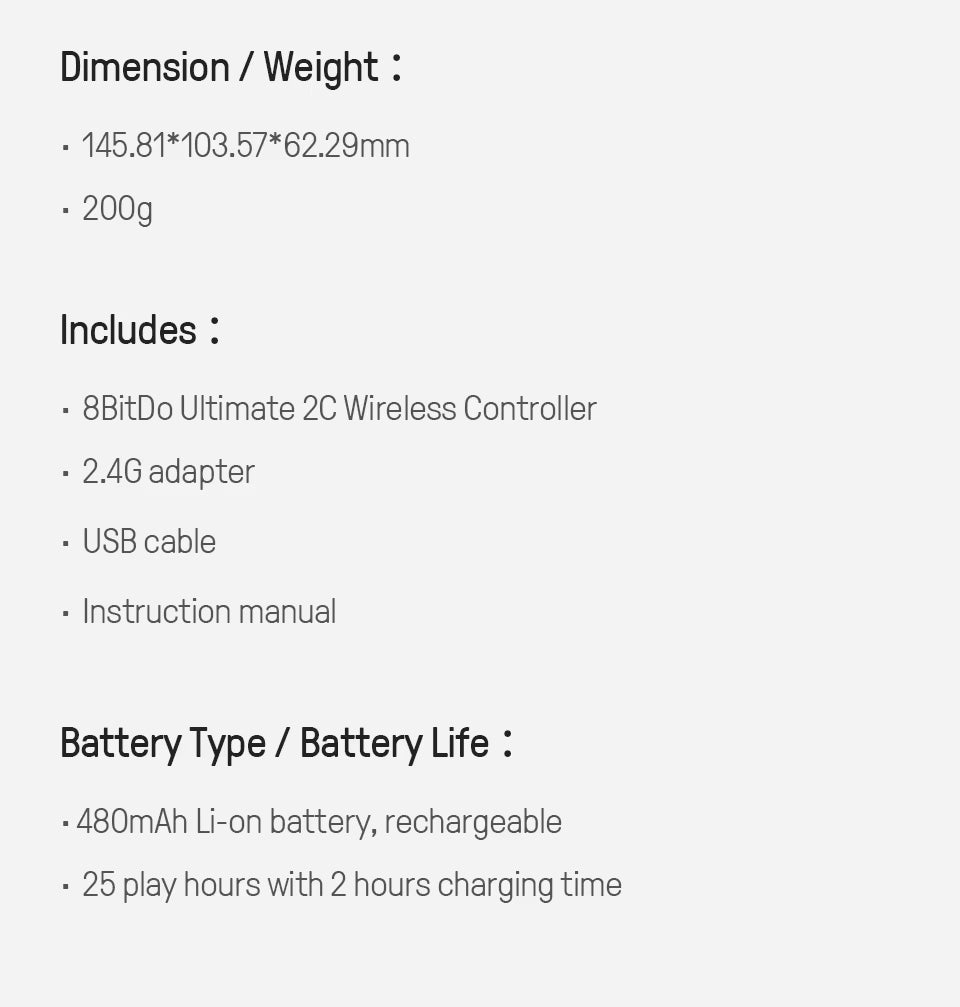 Product specifications for the 8BitDo Controller including dimensions, weight, included items, battery type, and life on a white background.
