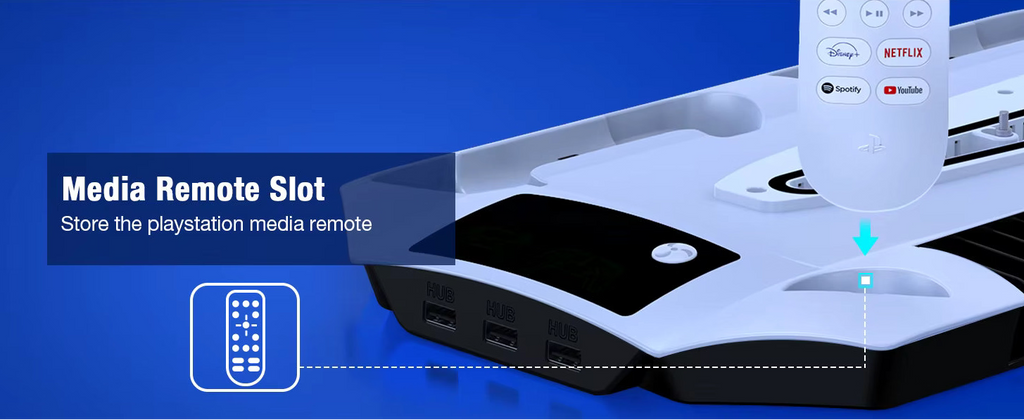 Dedicated media remote control storage slot on PS5 vertical utility stand