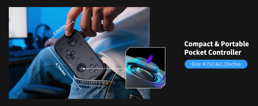 ACEGAMER Pocket Controller being placed into a jeans pocket, showing compact and portable design. Text highlights size 4.7 × 2.6 × 1.2 inches with inset graphic of joystick mechanism, emphasizing lightweight and travel‑friendly gaming controller.