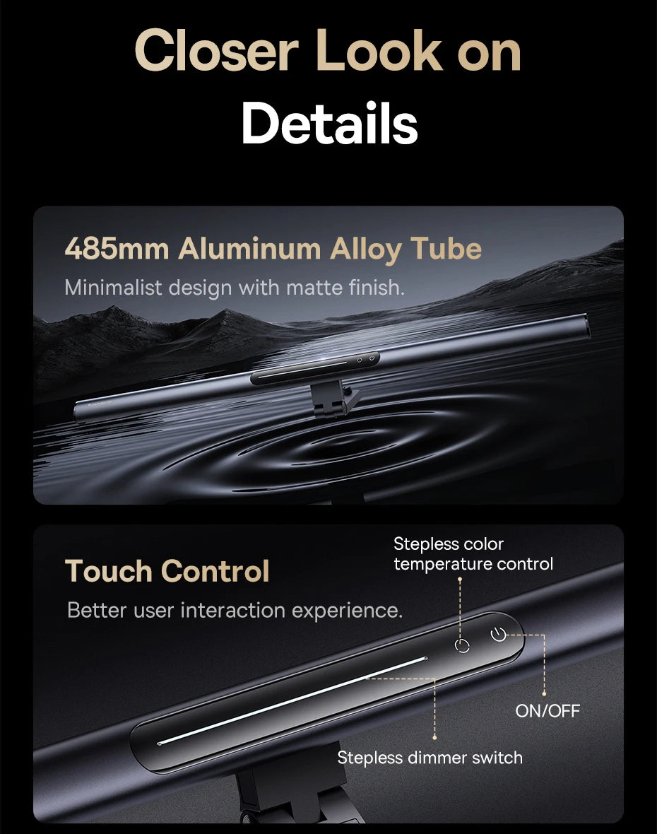 Product details with 485mm aluminum alloy tube and touch control features on a dark background.