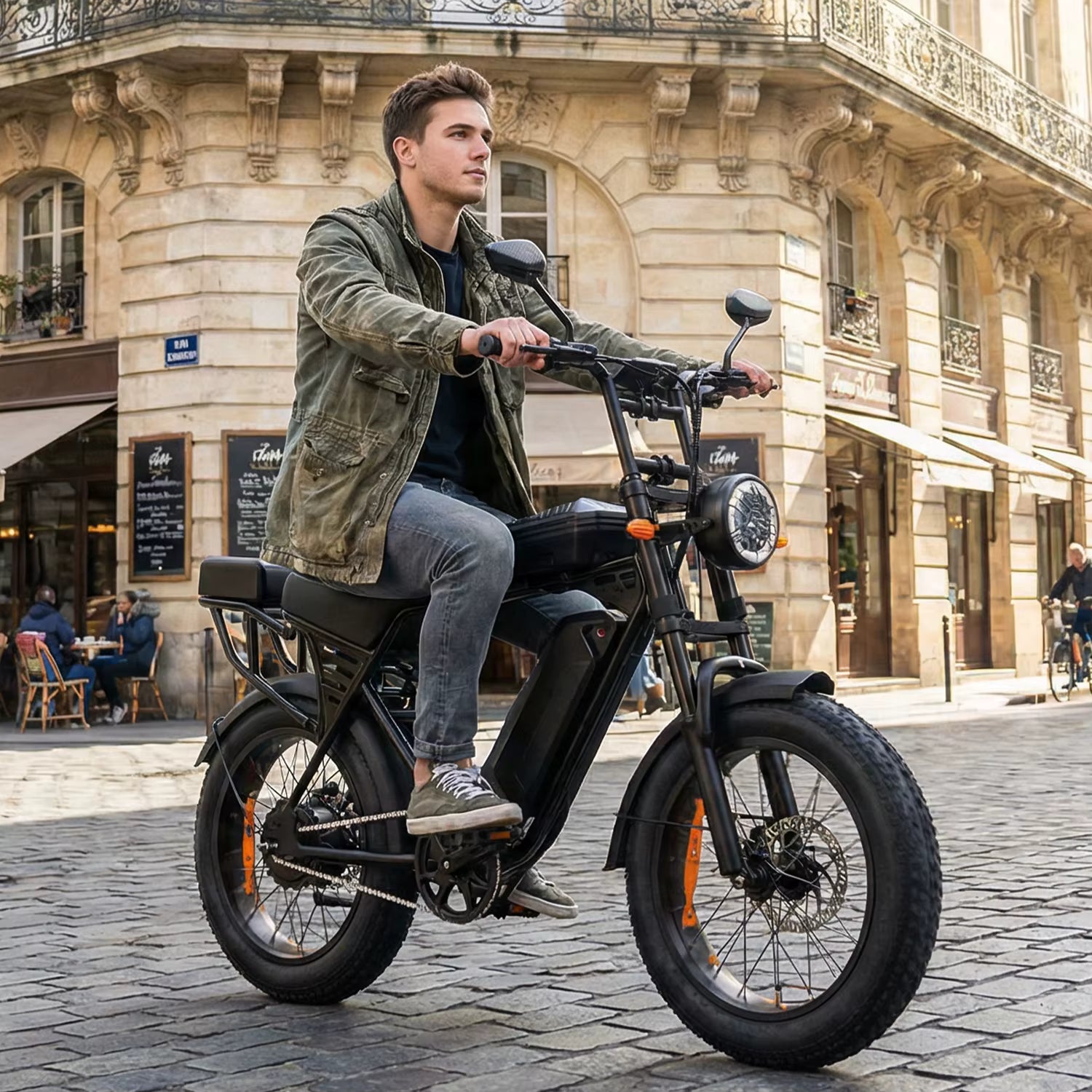 Man riding an electric bike on a city street with classical architecture in the background