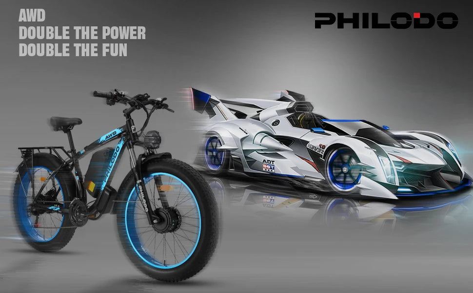Electric bike and futuristic car with 'Philodo' branding on a gray background