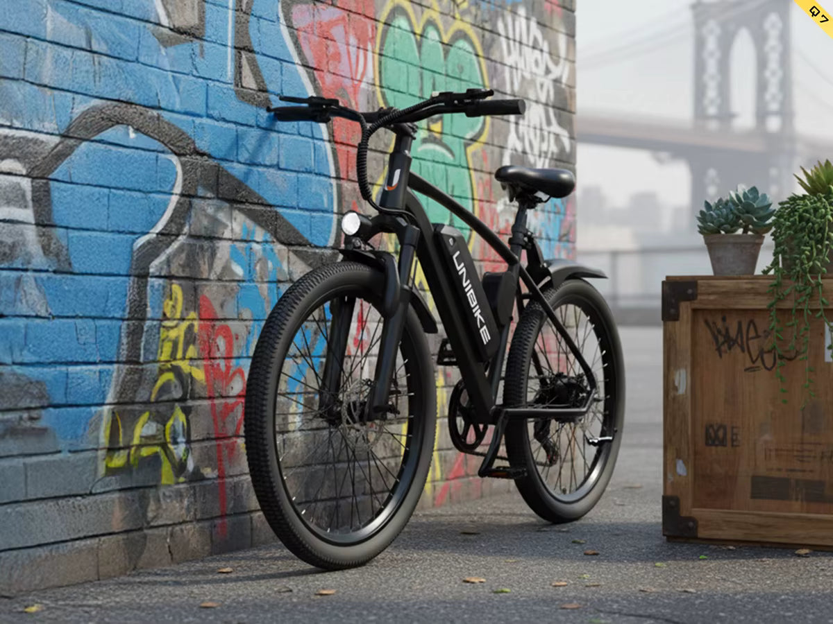 Black Aairsk Q7 Electric bike leaning against a graffiti-covered wall with a bridge in the background