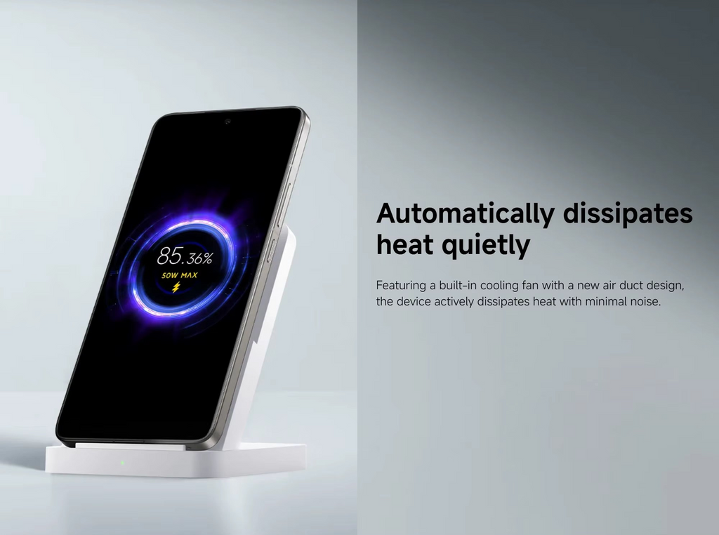 Xiaomi 50W Wireless Charging Stand Pro showing active air cooling vents for phone temperature management