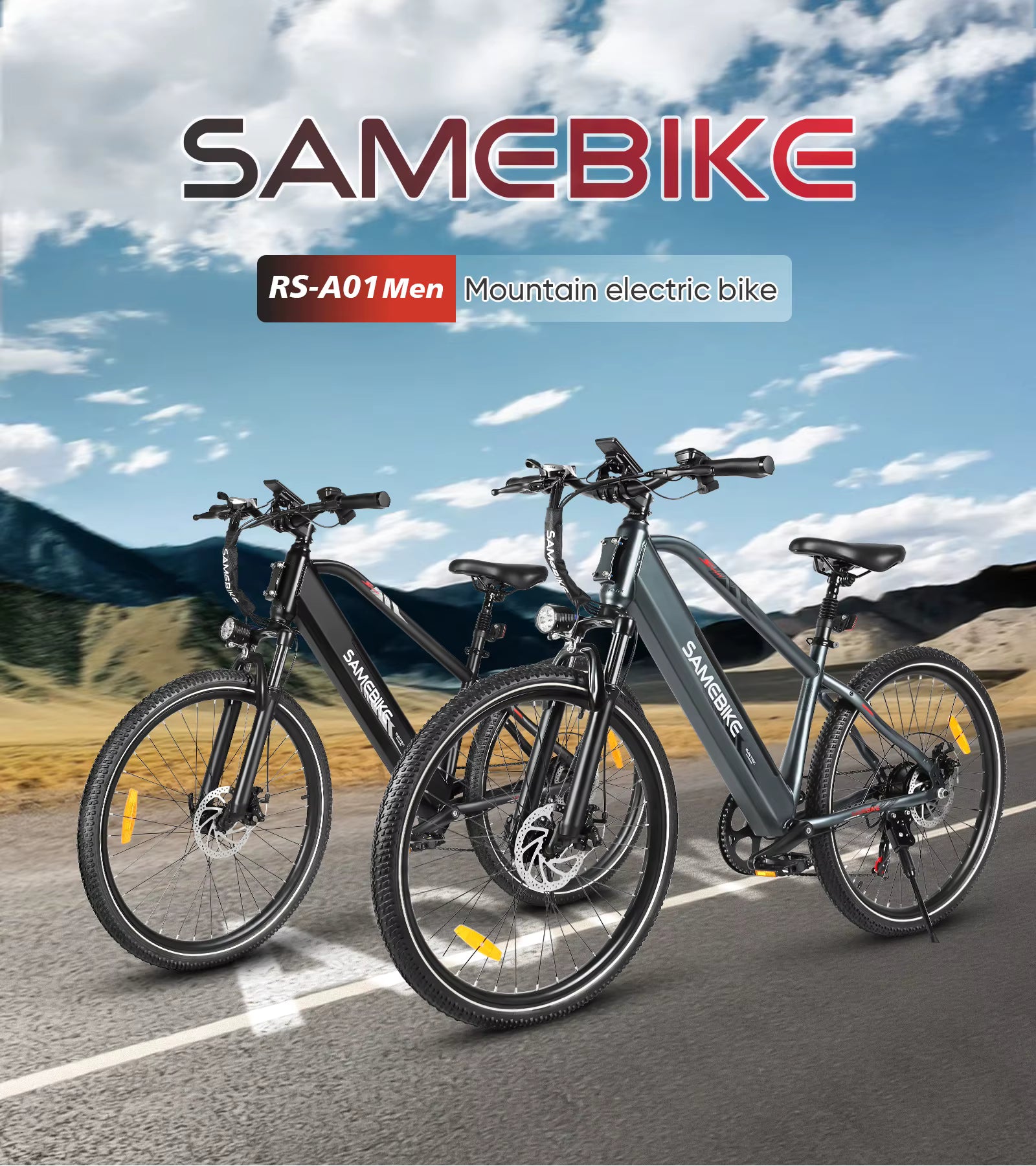 Two electric bikes the SAMEBIKE RS-A01 MEN on a road with mountains in the background and 'Samebike' branding.