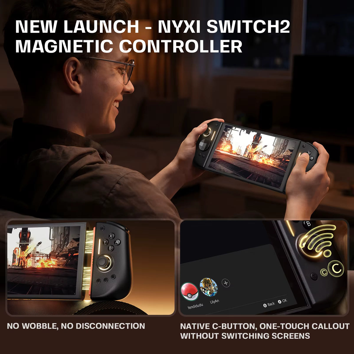 Person playing on a handheld console using the new NYXI Switch2 Magnetic Controller, featuring magnetic connection stability and illuminated C‑button interface.