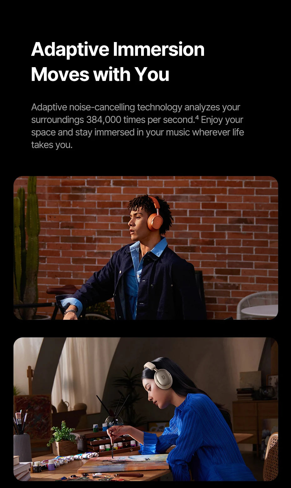 Person wearing Baseus Inspire XH1  headphones with text about adaptive noise-cancelling technology in a home setting.