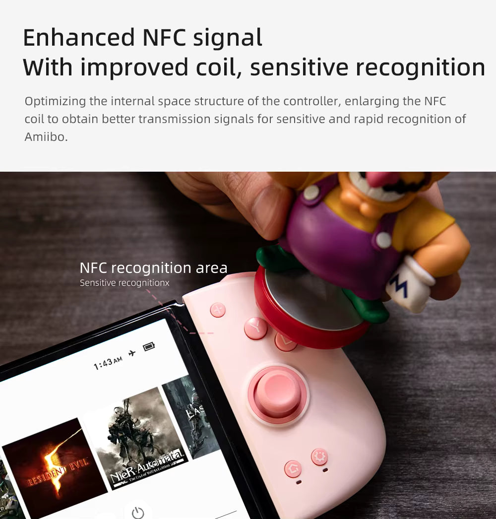The Pink Mobapad M6 HD controller shown scanning an Amiibo figure, highlighting the improved NFC recognition area.