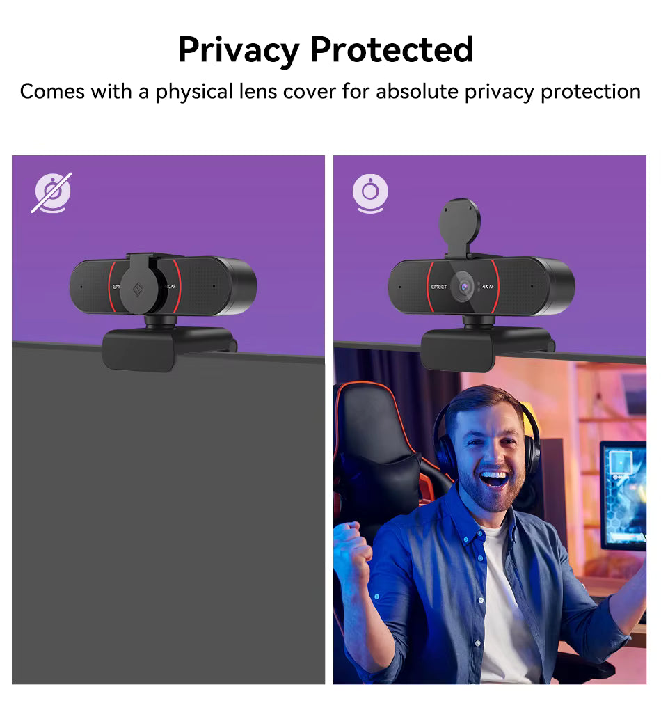 EMEET 4K webcam privacy cover comparison showing closed lens cap position and open camera view during streaming